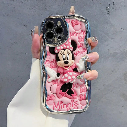 Disney Licensed Minnie Mouse Phone Case, Raised Flocked Minnie With "Minnie" Text & Bow Pattern Background, Electroplated Silver Wavy Edge, Scratch-Resistant Protective Case For IPhone 17, 16, 15, 14
