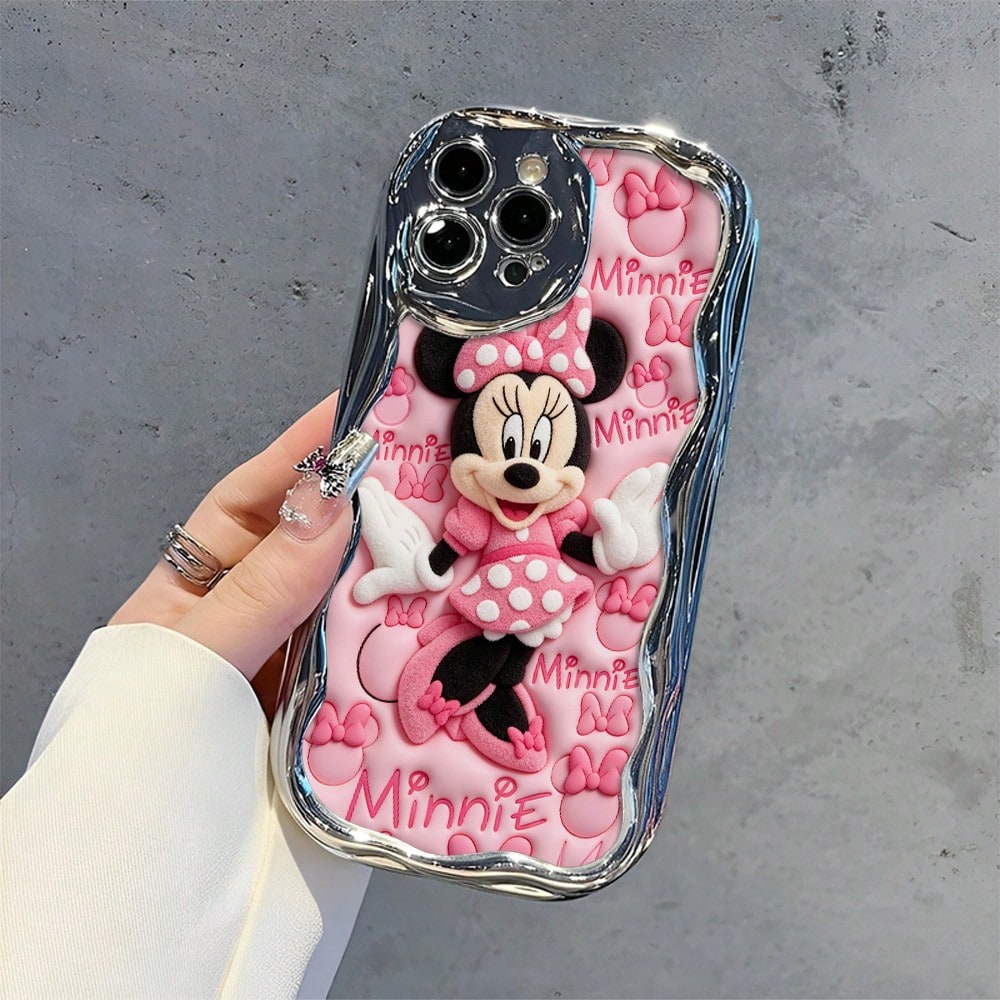 Disney Licensed Minnie Mouse Phone Case, Raised Flocked Minnie With "Minnie" Text & Bow Pattern Background, Electroplated Silver Wavy Edge, Scratch-Resistant Protective Case For IPhone 17, 16, 15, 14