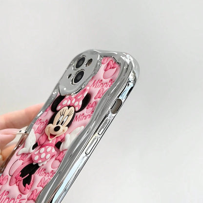 Disney Licensed Minnie Mouse Phone Case, Raised Flocked Minnie With "Minnie" Text & Bow Pattern Background, Electroplated Silver Wavy Edge, Scratch-Resistant Protective Case For IPhone 17, 16, 15, 14
