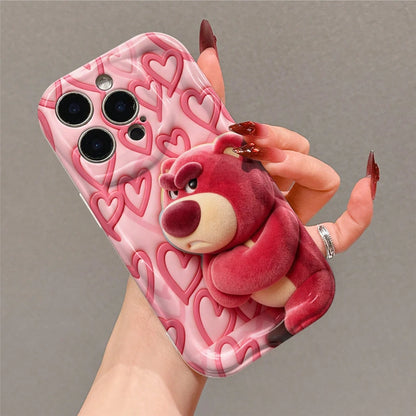 Disney Toy Story Lots-O'-Huggin' Bear Phone Case, Adorable Grumpy Lots-O'-Huggin' Bear With Crossed Arms On Pink Embossed Heart Pattern Background, Cute Cartoon Bear Print Protective Phone Cover For I