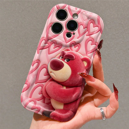 Disney Toy Story Lots-O'-Huggin' Bear Phone Case, Adorable Grumpy Lots-O'-Huggin' Bear With Crossed Arms On Pink Embossed Heart Pattern Background, Cute Cartoon Bear Print Protective Phone Cover For I