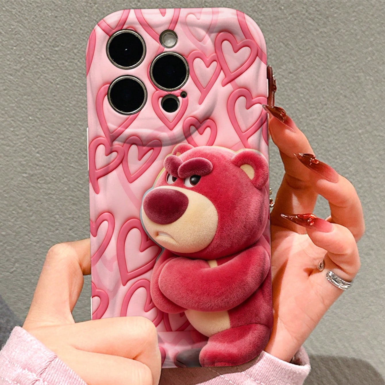 Disney Toy Story Lots-O'-Huggin' Bear Phone Case, Adorable Grumpy Lots-O'-Huggin' Bear With Crossed Arms On Pink Embossed Heart Pattern Background, Cute Cartoon Bear Print Protective Phone Cover For I