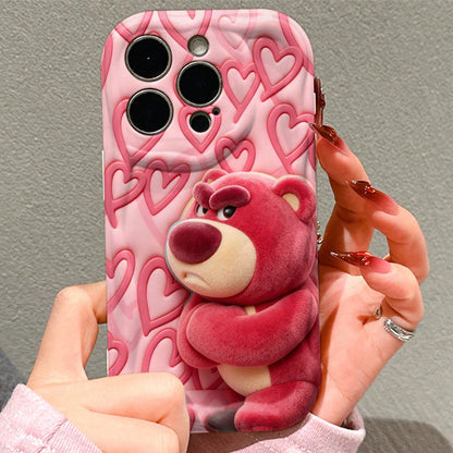 Disney Toy Story Lots-O'-Huggin' Bear Phone Case, Adorable Grumpy Lots-O'-Huggin' Bear With Crossed Arms On Pink Embossed Heart Pattern Background, Cute Cartoon Bear Print Protective Phone Cover For I