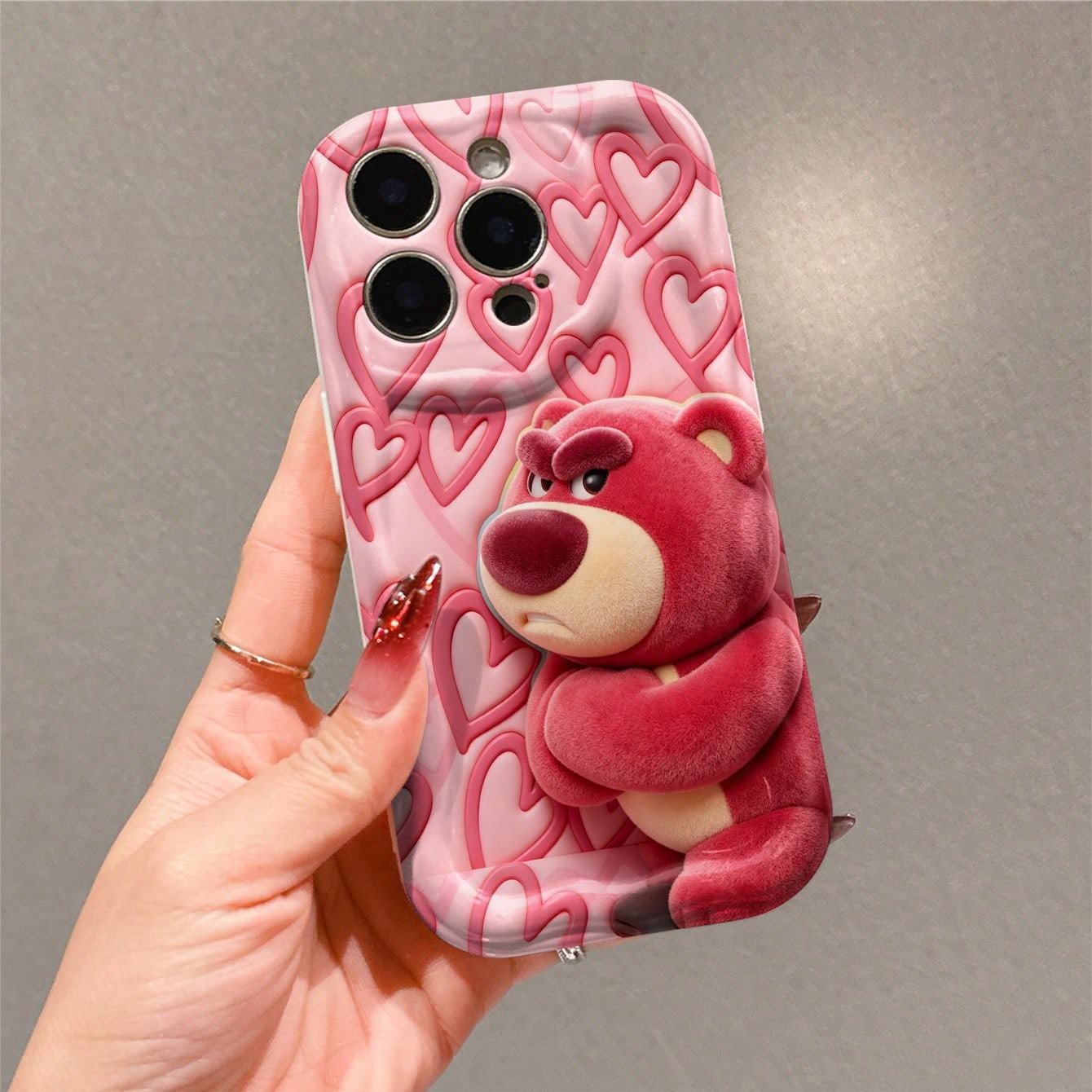 Disney Toy Story Lots-O'-Huggin' Bear Phone Case, Adorable Grumpy Lots-O'-Huggin' Bear With Crossed Arms On Pink Embossed Heart Pattern Background, Cute Cartoon Bear Print Protective Phone Cover For I
