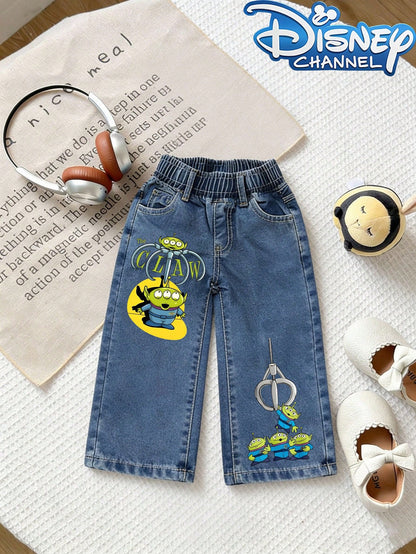 Disney Toy Story Patterned Baby Loose-Fitting Straight-Leg Jeans Are Perfect For Spring/Summer Casual Vacations, Western Street Style, And Party Wear.
