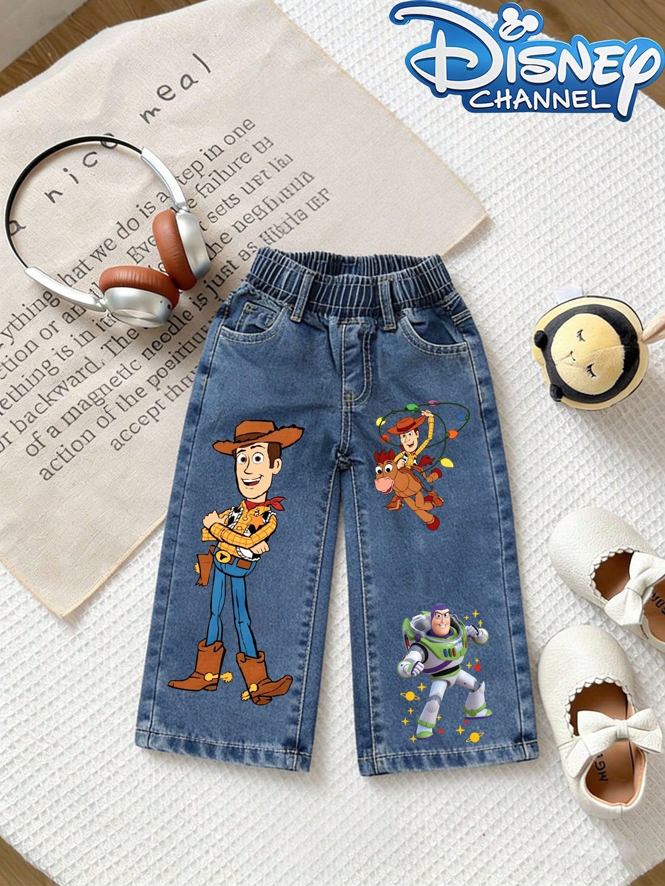 Disney Toy Story Patterned Baby Loose-Fitting Straight-Leg Jeans Are Perfect For Spring/Summer Casual Vacations, Western Street Style, And Party Wear.