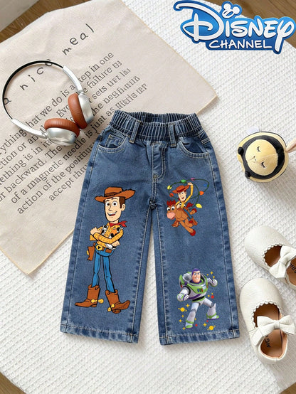 Disney Toy Story Patterned Baby Loose-Fitting Straight-Leg Jeans Are Perfect For Spring/Summer Casual Vacations, Western Street Style, And Party Wear.