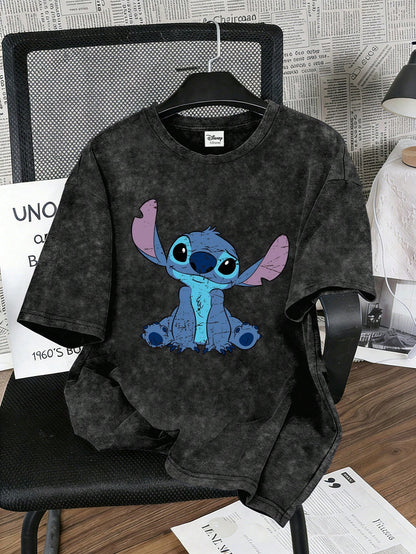 Disney Women's T-Shirt, Distressed Stitch Print, Retro Snowflake Washed Short-Sleeved T-Shirt, Suitable For Outdoor Wear, Women's Summer Top. Casual