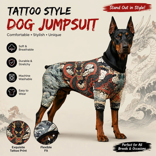 Dog Tattoo Pattern All-In-One Pet Bodysuit, Fully Elastic Anti-Shedding Pet Jumpsuit, Dragon & Chrysanthemum Print Plus Size For Doberman, All-Season Cat & Dog Outfit| Dog Tattoo Set, Elastic Pet Clo