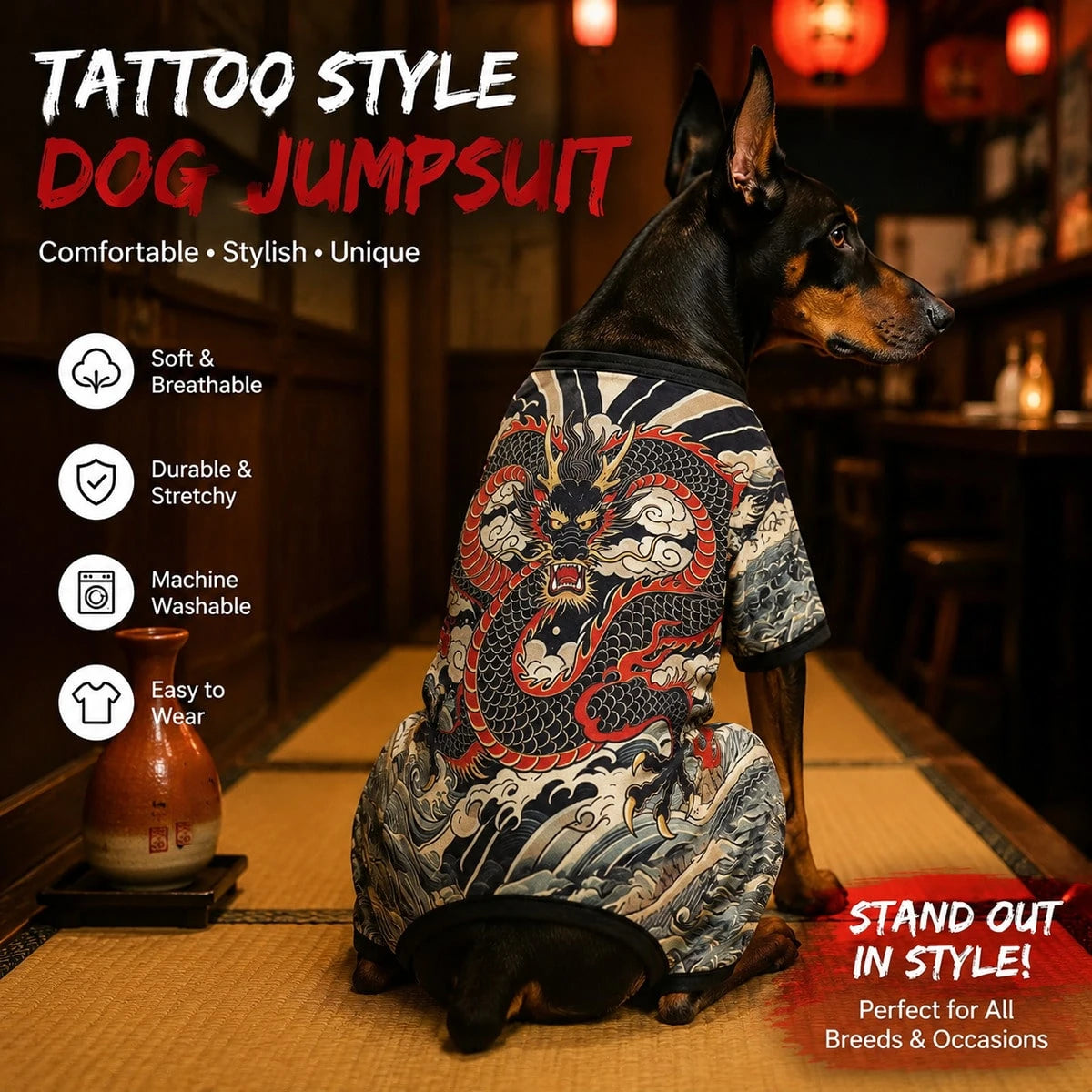 Dog Tattoo Pattern All-In-One Pet Bodysuit, Fully Elastic Anti-Shedding Pet Jumpsuit, Dragon & Chrysanthemum Print Plus Size For Doberman, All-Season Cat & Dog Outfit| Dog Tattoo Set, Elastic Pet Clo