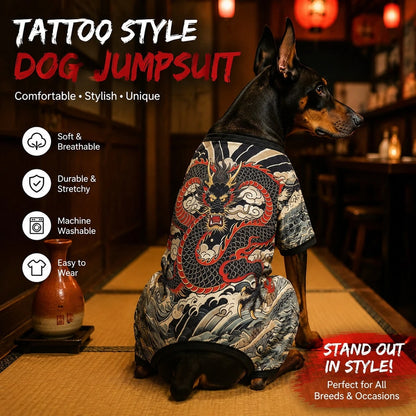 Dog Tattoo Pattern All-In-One Pet Bodysuit, Fully Elastic Anti-Shedding Pet Jumpsuit, Dragon & Chrysanthemum Print Plus Size For Doberman, All-Season Cat & Dog Outfit| Dog Tattoo Set, Elastic Pet Clo