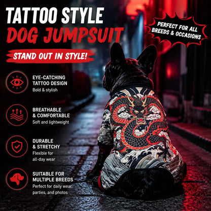 Dog Tattoo Pattern All-In-One Pet Bodysuit, Fully Elastic Anti-Shedding Pet Jumpsuit, Dragon & Chrysanthemum Print Plus Size For Doberman, All-Season Cat & Dog Outfit| Dog Tattoo Set, Elastic Pet Clo