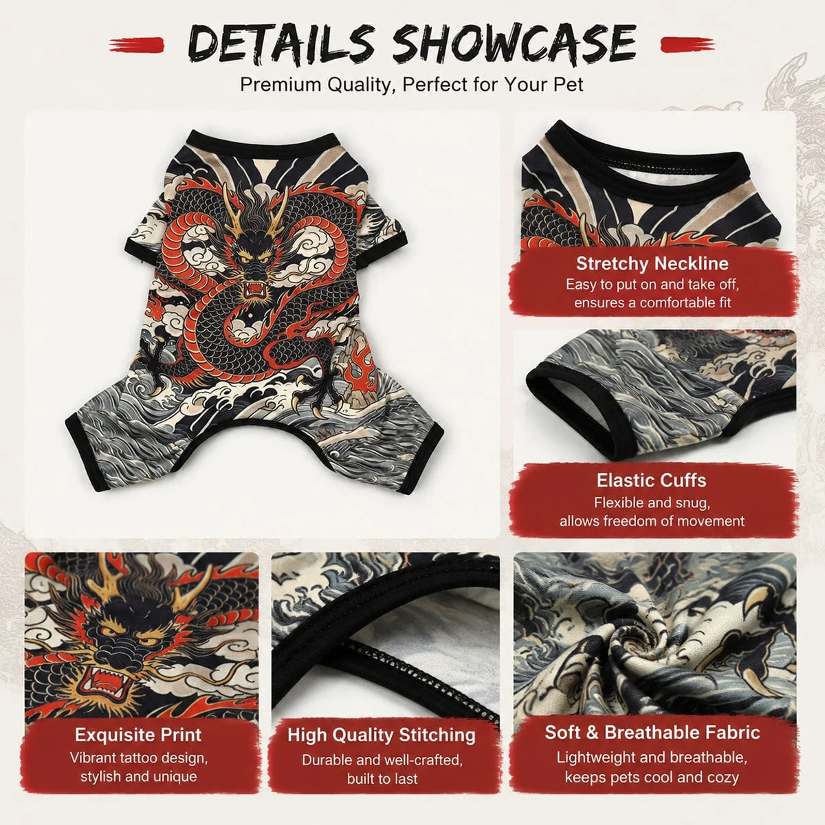 Dog Tattoo Pattern All-In-One Pet Bodysuit, Fully Elastic Anti-Shedding Pet Jumpsuit, Dragon & Chrysanthemum Print Plus Size For Doberman, All-Season Cat & Dog Outfit| Dog Tattoo Set, Elastic Pet Clo