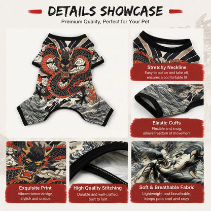 Dog Tattoo Pattern All-In-One Pet Bodysuit, Fully Elastic Anti-Shedding Pet Jumpsuit, Dragon & Chrysanthemum Print Plus Size For Doberman, All-Season Cat & Dog Outfit| Dog Tattoo Set, Elastic Pet Clo