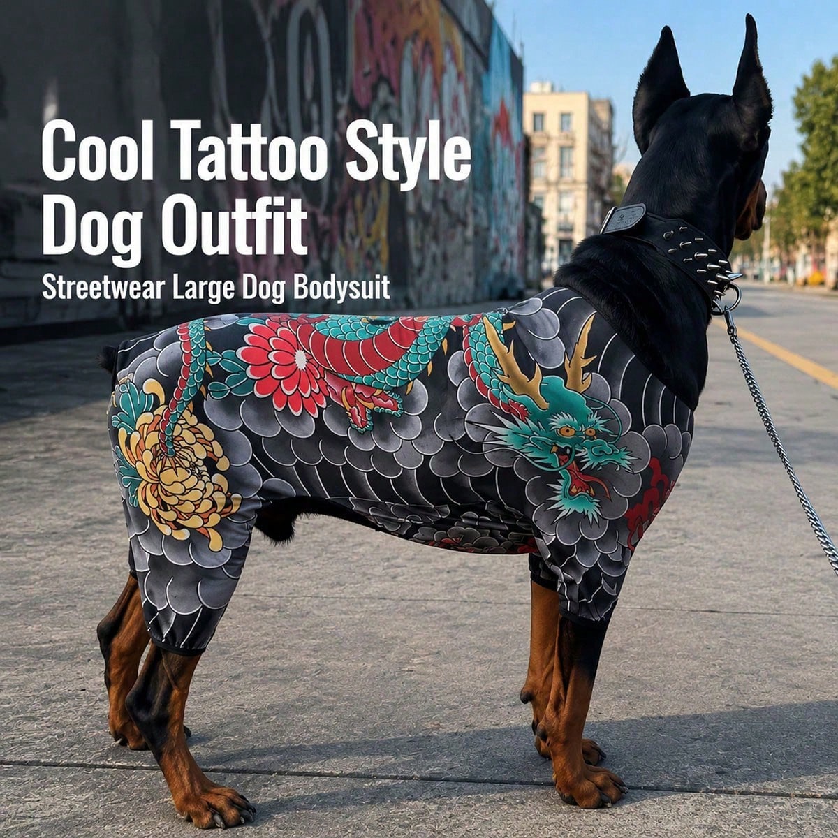 Dog Tattoo Pattern All-In-One Pet Bodysuit, Fully Elastic Anti-Shedding Pet Jumpsuit, Dragon & Chrysanthemum Print Plus Size For Doberman, All-Season Cat & Dog Outfit| Dog Tattoo Set, Elastic Pet Clo