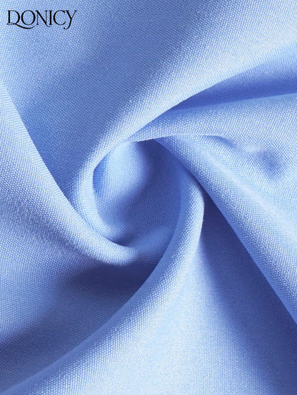 DONICY Women's Light Blue High Waist A-Line Skirt With Button Detail And Pleated Hem, Suitable For Casual And Office Wear In Spring