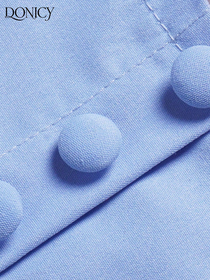 DONICY Women's Light Blue High Waist A-Line Skirt With Button Detail And Pleated Hem, Suitable For Casual And Office Wear In Spring