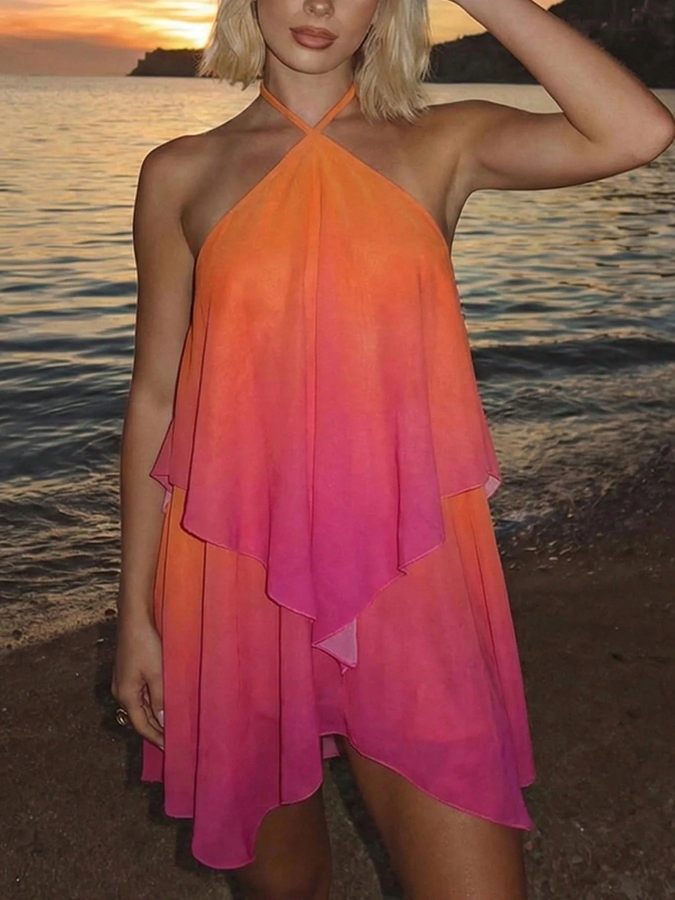 DOUCIU Ombre Asymmetrical Halter Neck Backless Dress, Nightclub Style