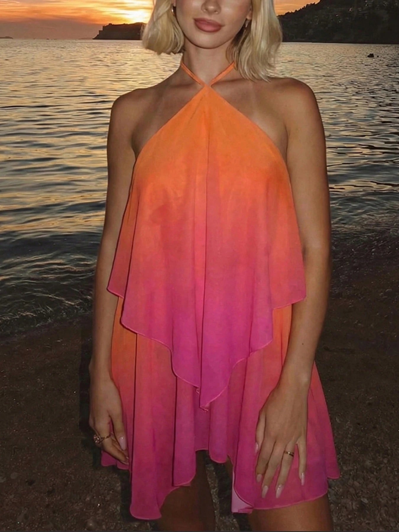 DOUCIU Ombre Asymmetrical Halter Neck Backless Dress, Nightclub Style