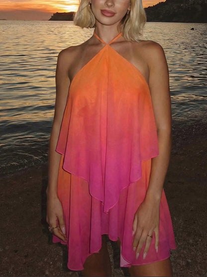 DOUCIU Ombre Asymmetrical Halter Neck Backless Dress, Nightclub Style