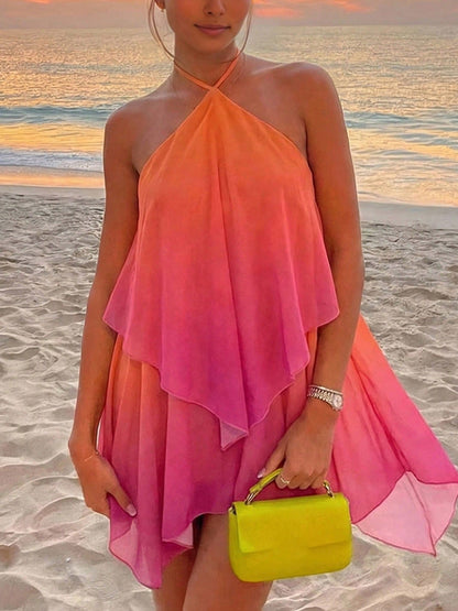 DOUCIU Ombre Asymmetrical Halter Neck Backless Dress, Nightclub Style