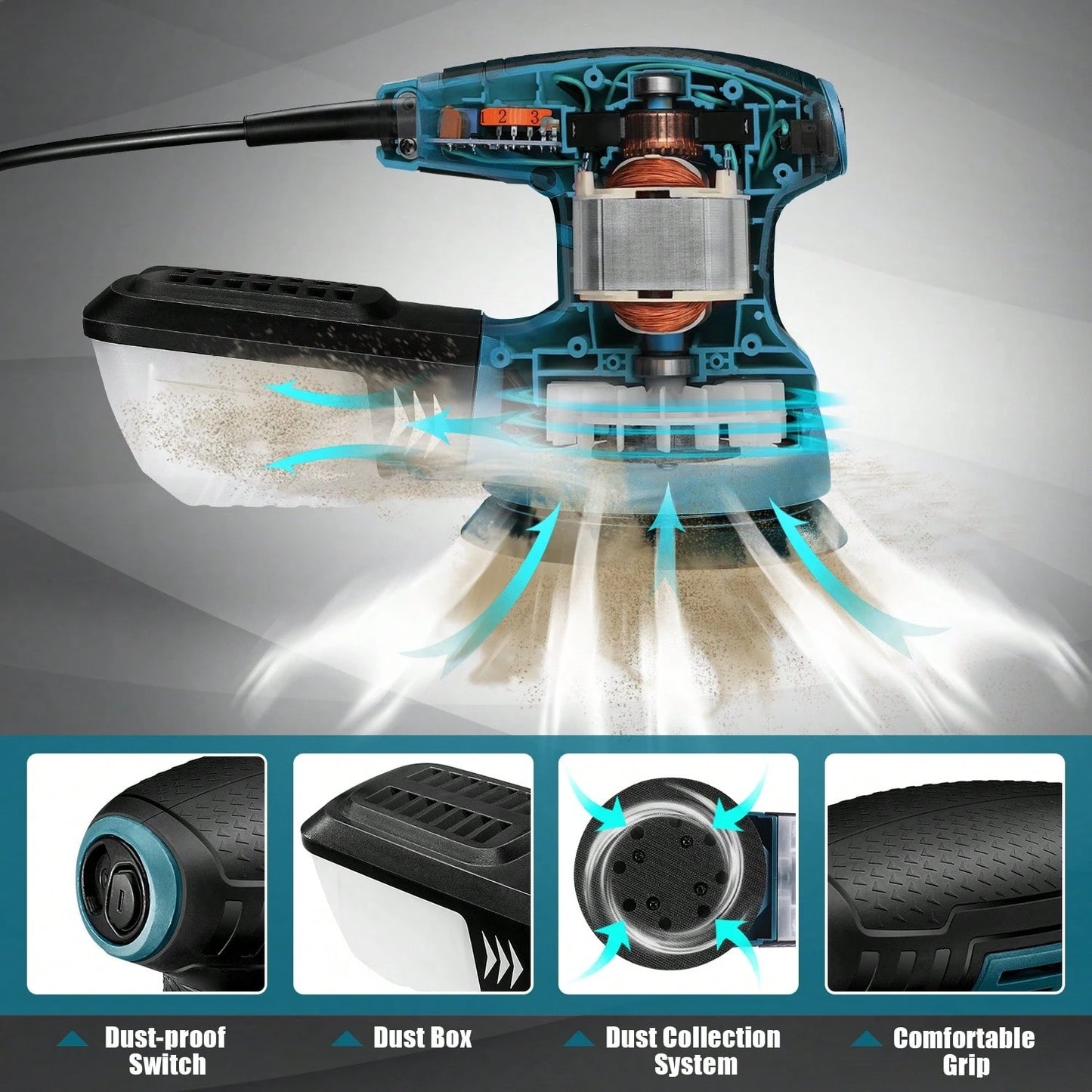 DOVAMAN Random Orbital Sander, 3 Amp, 13000 RPM, 5 Inch, Corded, Variable Speed, Dust Box, 12pcs Sanding Discs