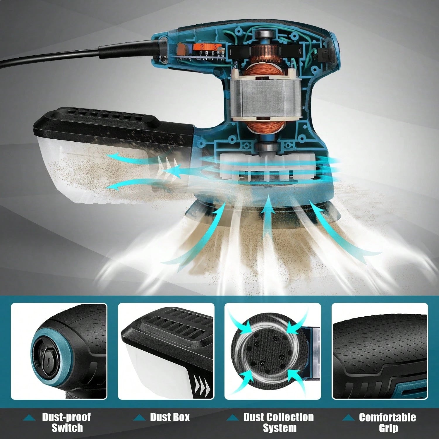 DOVAMAN Random Orbital Sander, 3 Amp, 13000 RPM, 5 Inch, Corded, Variable Speed, Dust Box, 12pcs Sanding Discs