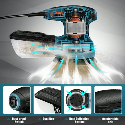 DOVAMAN Random Orbital Sander, 3 Amp, 13000 RPM, 5 Inch, Corded, Variable Speed, Dust Box, 12pcs Sanding Discs