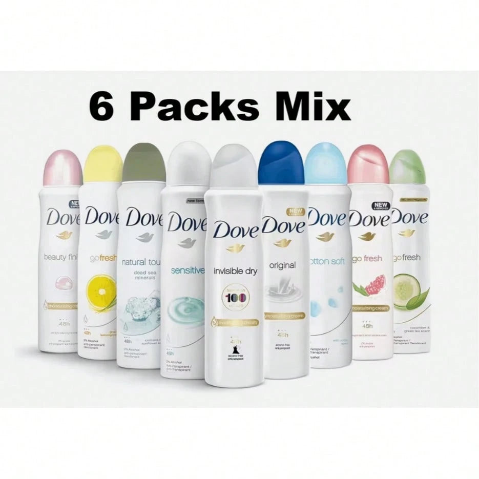 Dove Women Body Spray Variety Pack, 6 Pcs 150ml Each, Mixed Fresh Scents Daily Care Spray Set, Long Lasting Fragrance Collection For Home Travel Gym Use