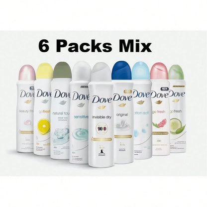 Dove Women Body Spray Variety Pack, 6 Pcs 150ml Each, Mixed Fresh Scents Daily Care Spray Set, Long Lasting Fragrance Collection For Home Travel Gym Use