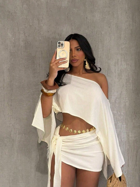 Dresses For WomenBoho 2 Piece Fits Textured Off Shoulder Batwing Sleeve Top & Tie Side Skirt Set, Sexy Solid Seaside Vacation 2 Piece Fits Trajes Ele