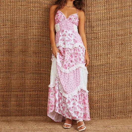 Dresses For WomenWomen Floral Flowy Maxi Dress Lace Patchwork Boho Y2K Long Dress Cute Spaghetti Strap Deep V Neck Low Cut Beach Sundress Summer Back