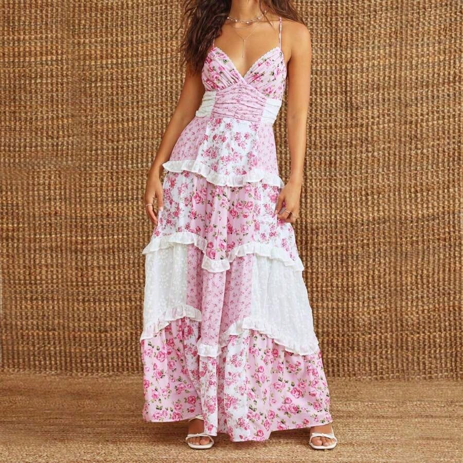 Dresses For WomenWomen Floral Flowy Maxi Dress Lace Patchwork Boho Y2K Long Dress Cute Spaghetti Strap Deep V Neck Low Cut Beach Sundress Summer Back