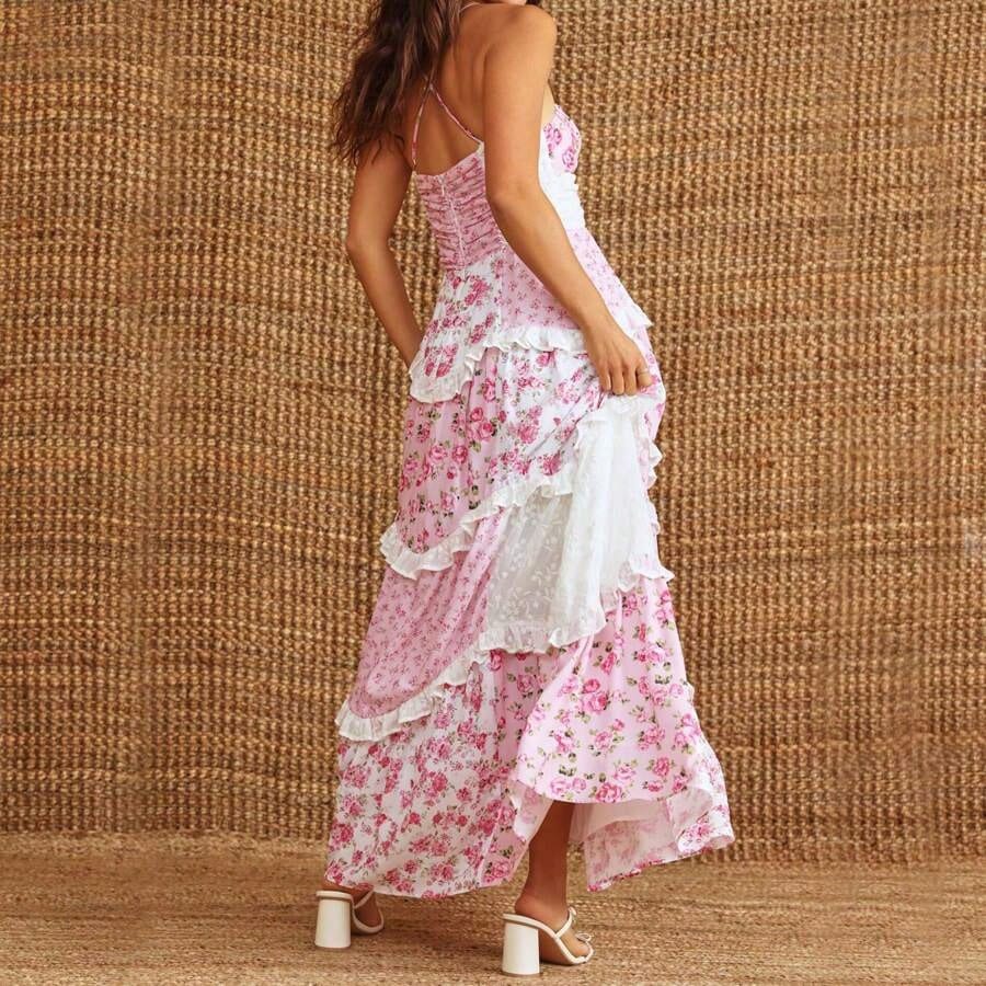 Dresses For WomenWomen Floral Flowy Maxi Dress Lace Patchwork Boho Y2K Long Dress Cute Spaghetti Strap Deep V Neck Low Cut Beach Sundress Summer Back