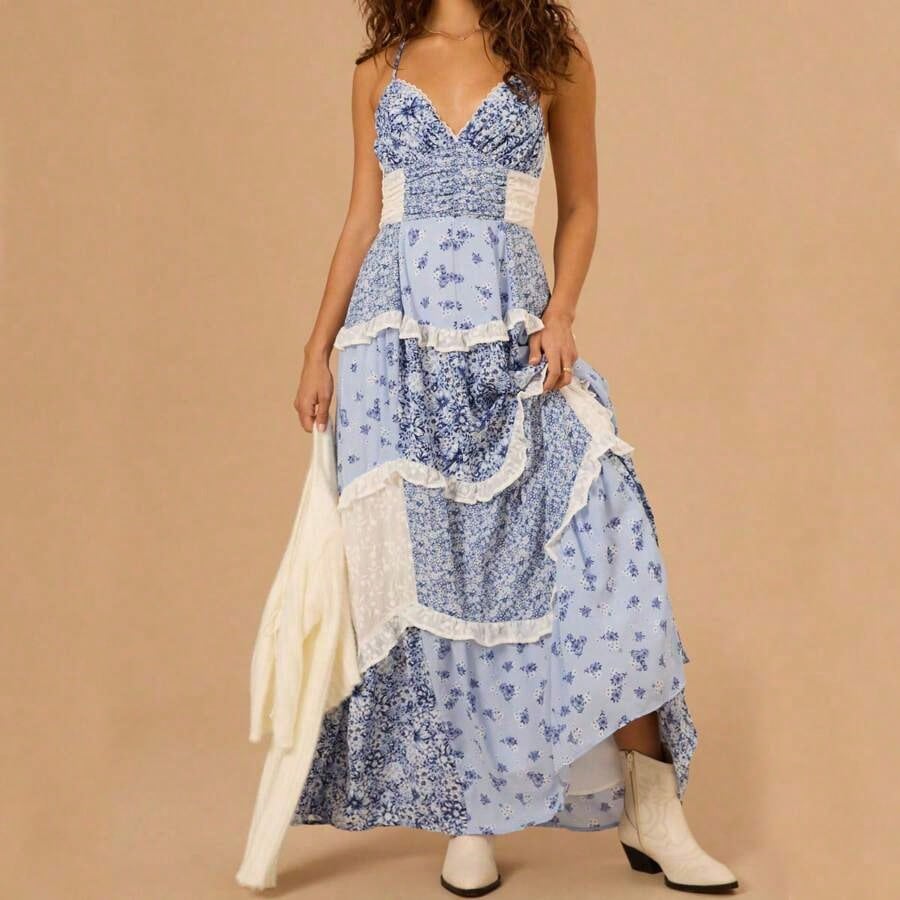 Dresses For WomenWomen Floral Flowy Maxi Dress Lace Patchwork Boho Y2K Long Dress Cute Spaghetti Strap Deep V Neck Low Cut Beach Sundress Summer Back