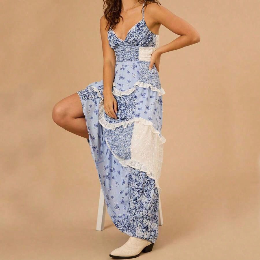 Dresses For WomenWomen Floral Flowy Maxi Dress Lace Patchwork Boho Y2K Long Dress Cute Spaghetti Strap Deep V Neck Low Cut Beach Sundress Summer Back