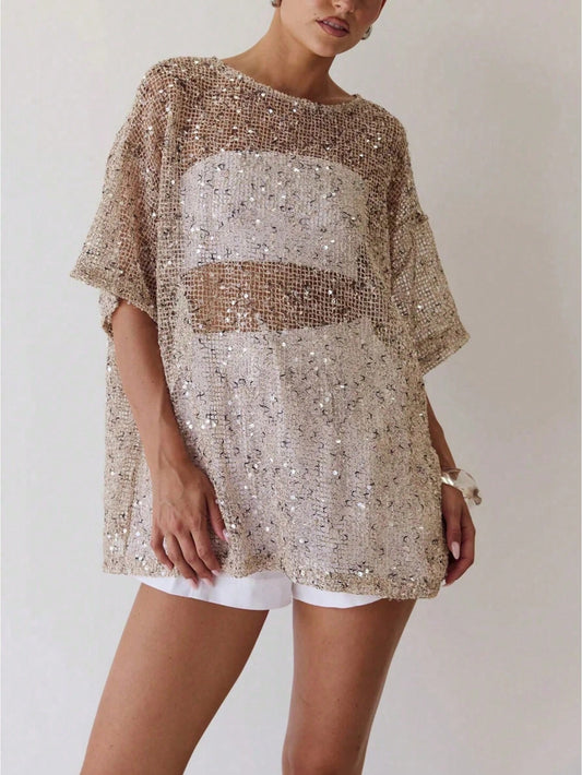 Dresses For WomenWomen Sequin Sheer Short Sleeve Glitter T Shirt Oversized Sparkly Hollow Out Half Sleeve Knit Cover Up Beach Y2K Mesh Tee Blousedre