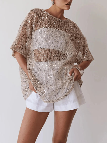 Dresses For WomenWomen Sequin Sheer Short Sleeve Glitter T Shirt Oversized Sparkly Hollow Out Half Sleeve Knit Cover Up Beach Y2K Mesh Tee Blousedre