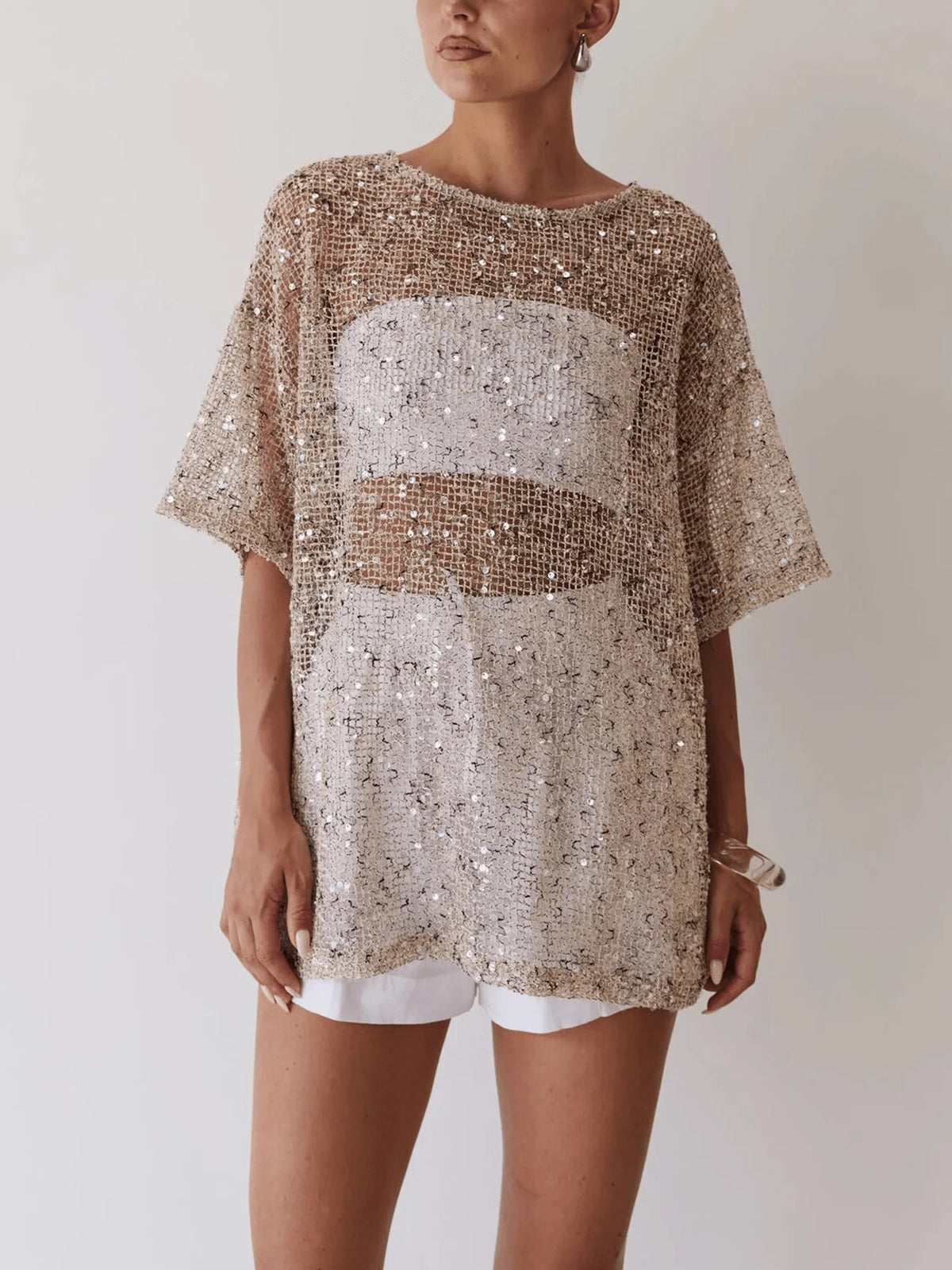 Dresses For WomenWomen Sequin Sheer Short Sleeve Glitter T Shirt Oversized Sparkly Hollow Out Half Sleeve Knit Cover Up Beach Y2K Mesh Tee Blousedre