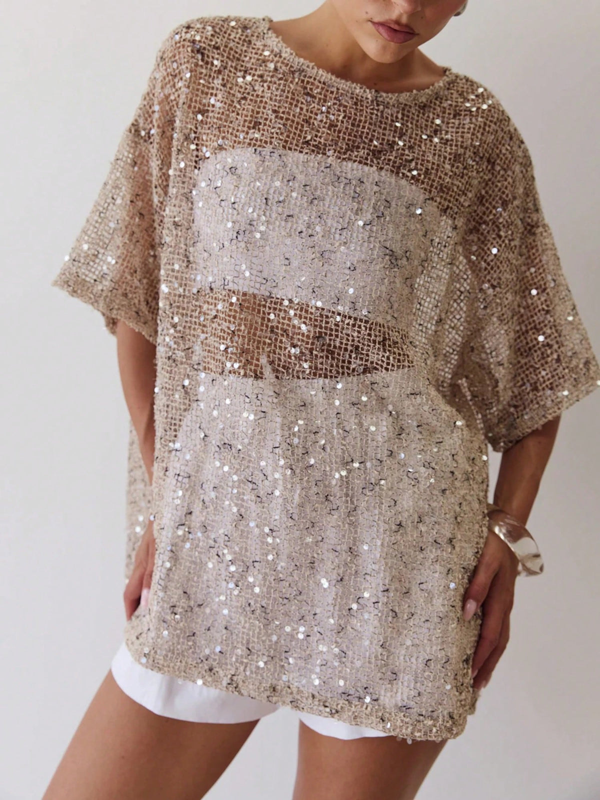 Dresses For WomenWomen Sequin Sheer Short Sleeve Glitter T Shirt Oversized Sparkly Hollow Out Half Sleeve Knit Cover Up Beach Y2K Mesh Tee Blousedre