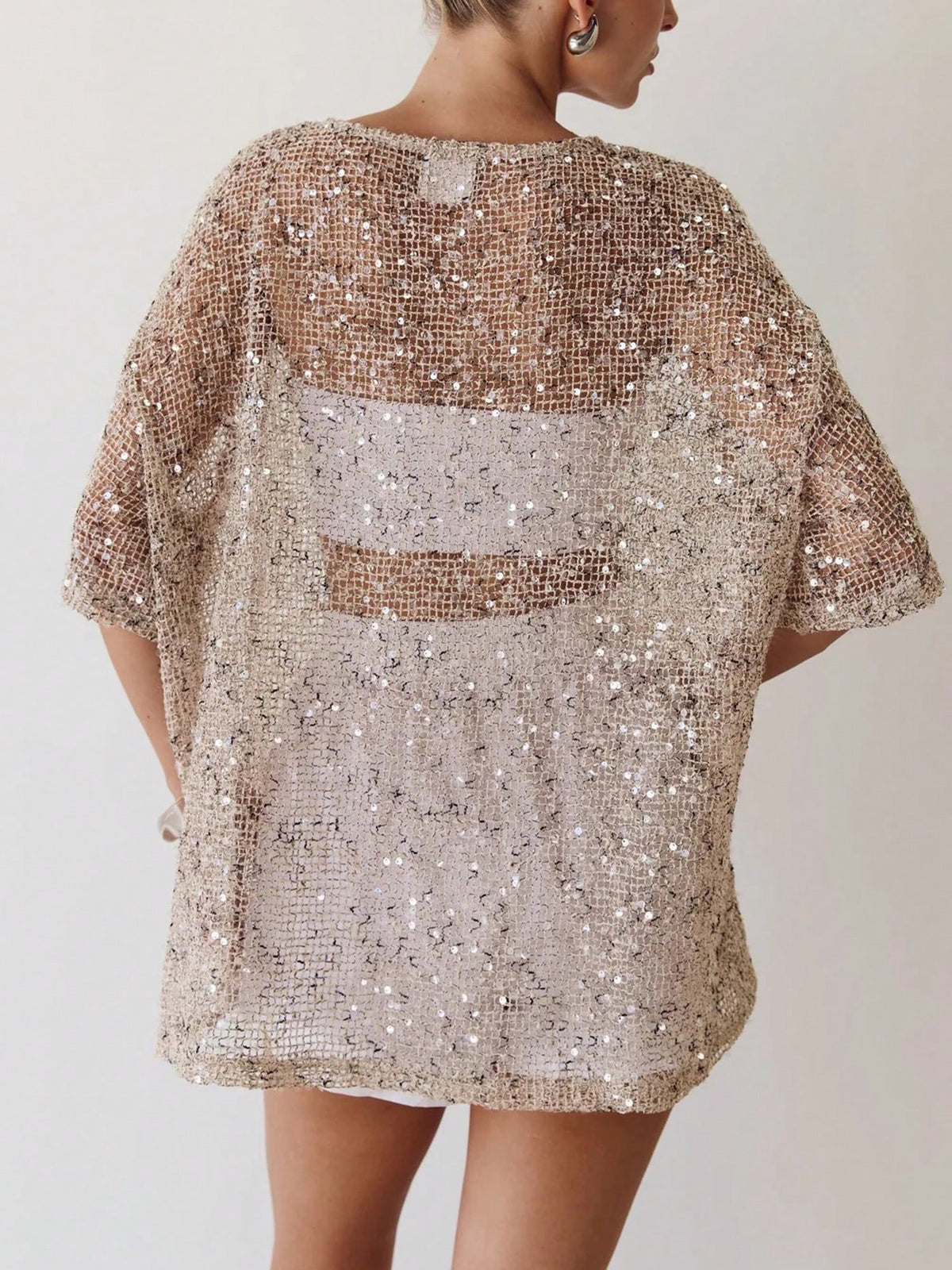 Dresses For WomenWomen Sequin Sheer Short Sleeve Glitter T Shirt Oversized Sparkly Hollow Out Half Sleeve Knit Cover Up Beach Y2K Mesh Tee Blousedre