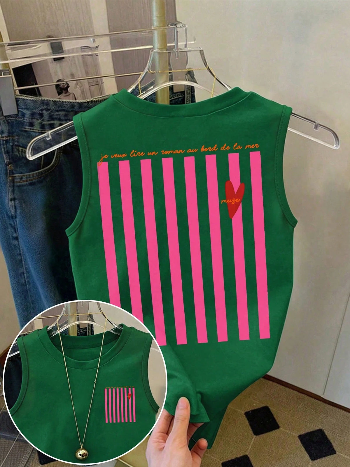 DrmWander Women's Slogan Striped Print Round Neck Casual Loose Tank Top