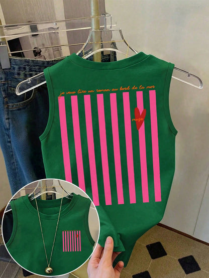 DrmWander Women's Slogan Striped Print Round Neck Casual Loose Tank Top