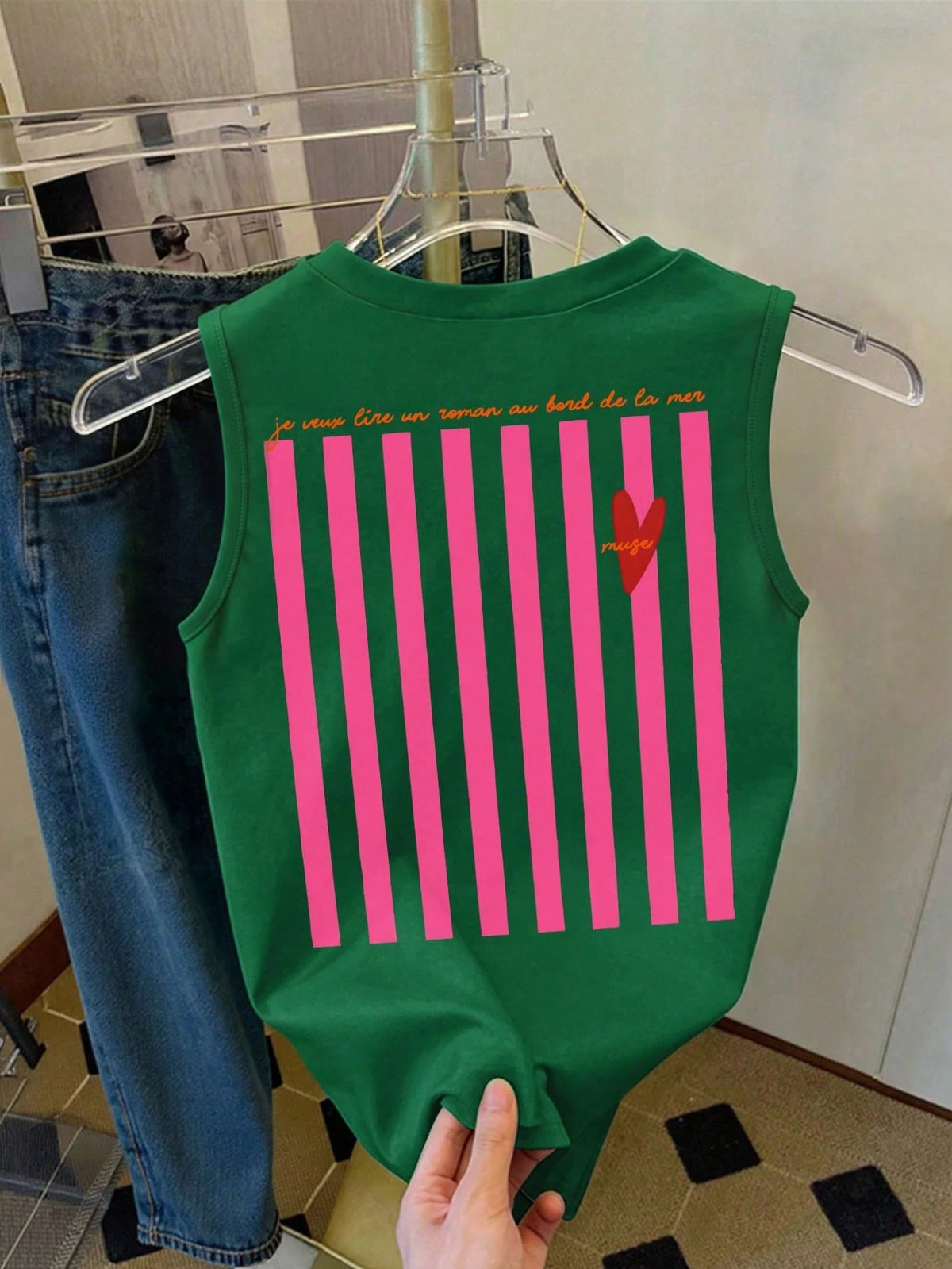 DrmWander Women's Slogan Striped Print Round Neck Casual Loose Tank Top