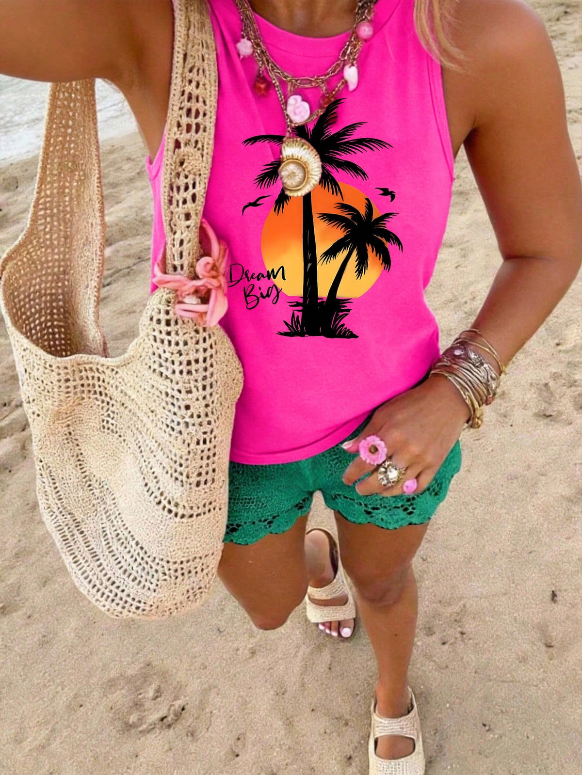 DrmWander Women's Slogan Striped Print Round Neck Casual Loose Tank Top