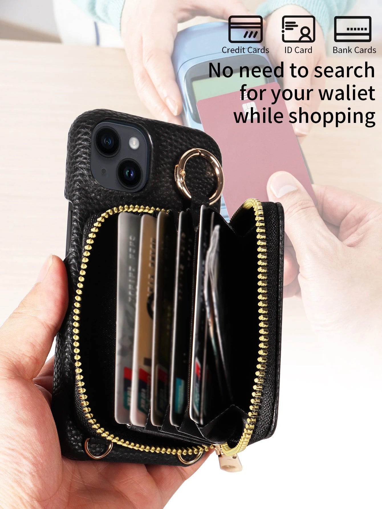 eaacaa 1pc Litchi Texture Multi-Function Multi-Card Slot Crossbody Zipper Accordion Card Holder Wallet Phone Case, PU Anti-Drop Anti-Theft Protection Cover Compatible With Apple 17e 17ProMax 16ProMax