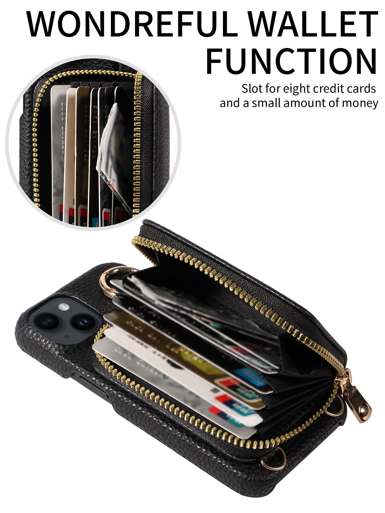 eaacaa 1pc Litchi Texture Multi-Function Multi-Card Slot Crossbody Zipper Accordion Card Holder Wallet Phone Case, PU Anti-Drop Anti-Theft Protection Cover Compatible With Apple 17e 17ProMax 16ProMax
