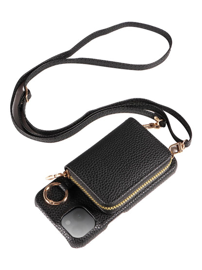 eaacaa 1pc Litchi Texture Multi-Function Multi-Card Slot Crossbody Zipper Accordion Card Holder Wallet Phone Case, PU Anti-Drop Anti-Theft Protection Cover Compatible With Apple 17e 17ProMax 16ProMax