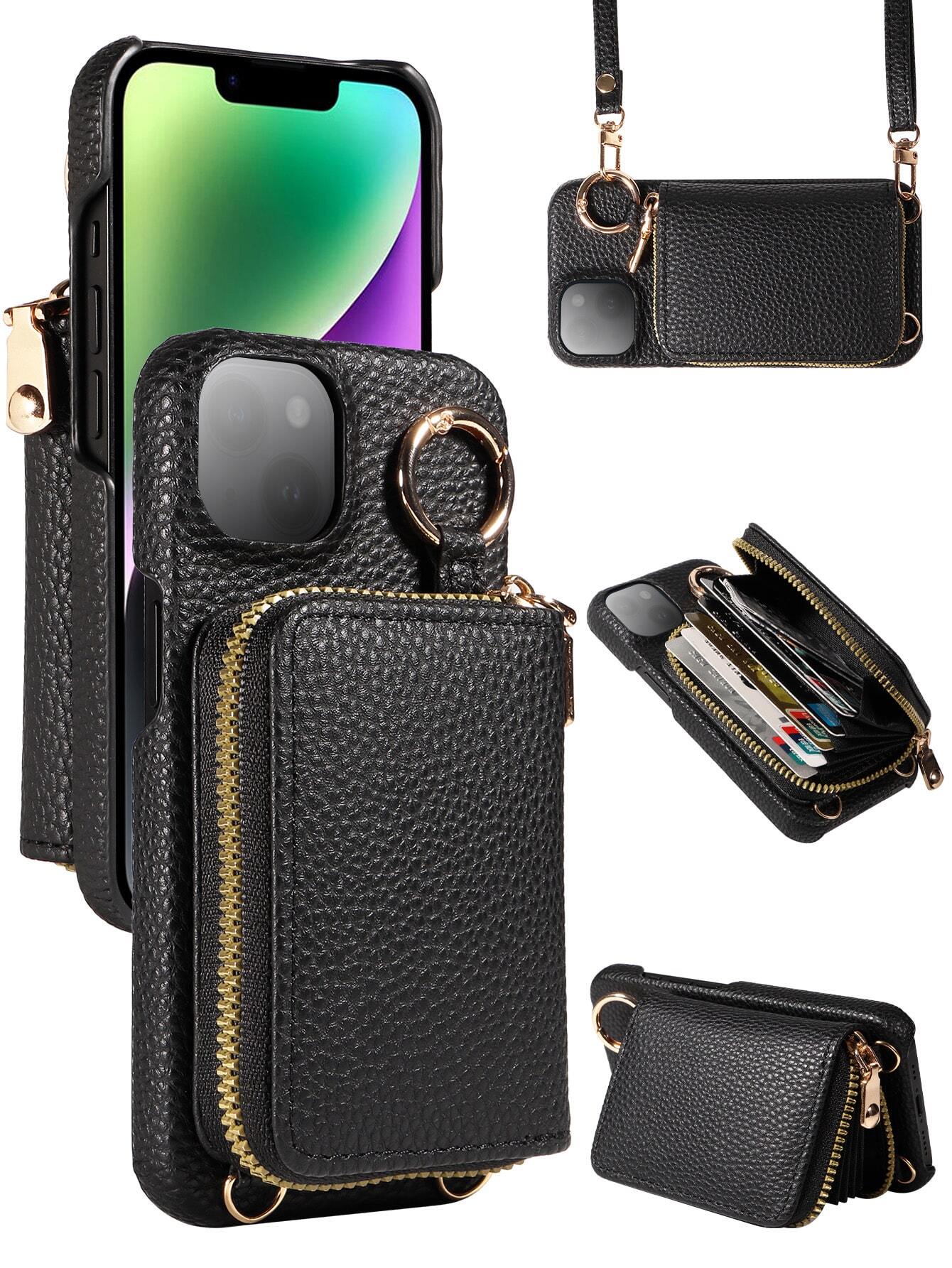 eaacaa 1pc Litchi Texture Multi-Function Multi-Card Slot Crossbody Zipper Accordion Card Holder Wallet Phone Case, PU Anti-Drop Anti-Theft Protection Cover Compatible With Apple 17e 17ProMax 16ProMax