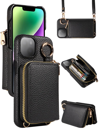 eaacaa 1pc Litchi Texture Multi-Function Multi-Card Slot Crossbody Zipper Accordion Card Holder Wallet Phone Case, PU Anti-Drop Anti-Theft Protection Cover Compatible With Apple 17e 17ProMax 16ProMax